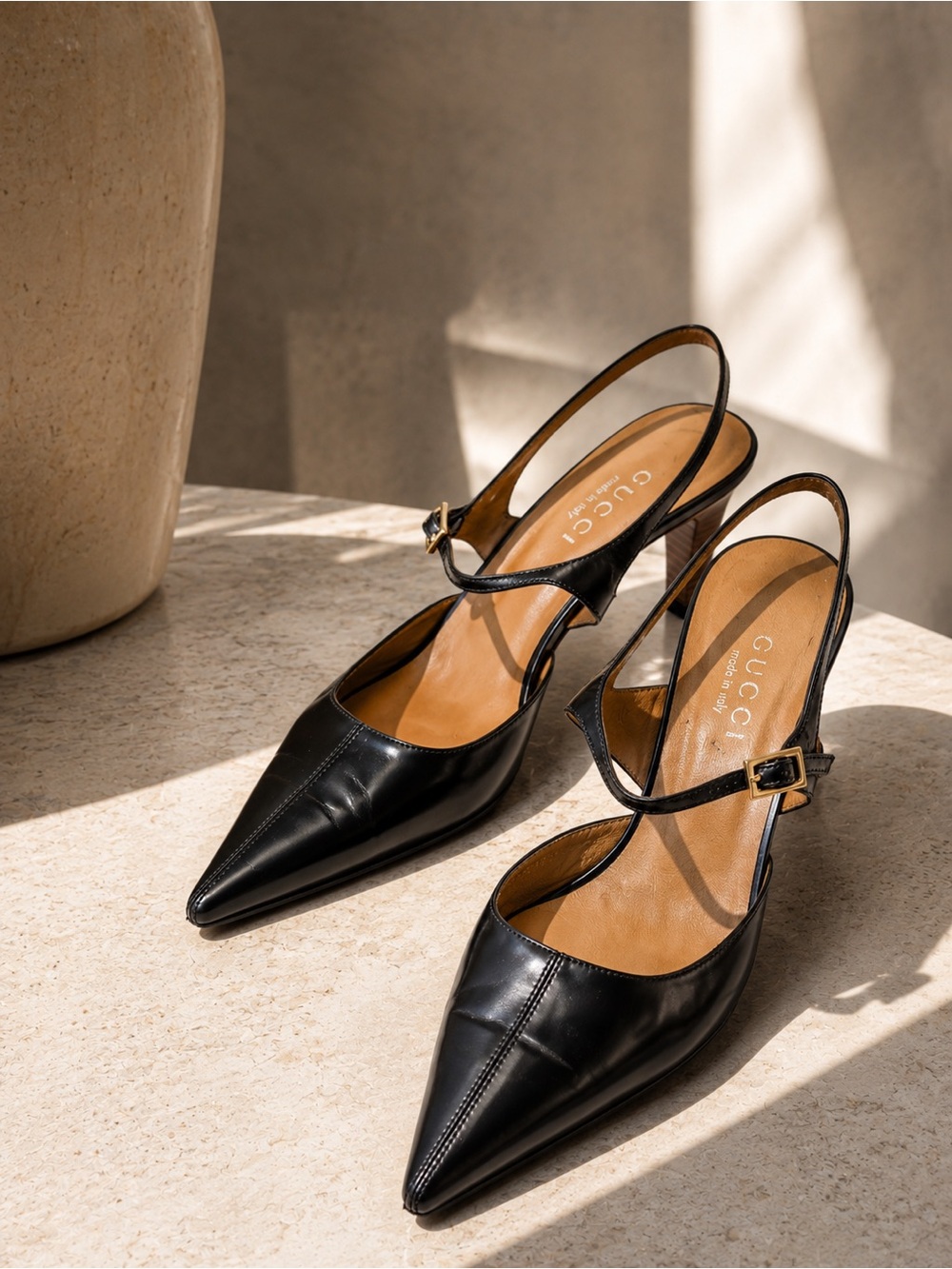 Gucci Vintage Black Leather Pointed Toe Slingback Pumps Heels Size 9B